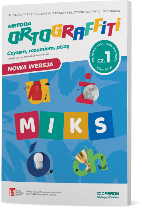Okładka zeszytu ćwiczeń Ortograffiti MIKS dla uczniów klas 4–6 z dysleksją i dysortografią wydawnictwa OPERON PODRĘCZNIKI 2