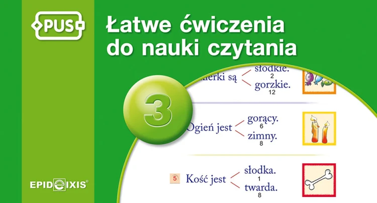 Okładka książeczki PUS Łatwe ćwiczenia do nauki czytania 3 wydawnictwa EPIDEIXIS w formacie 140x260x11 mm