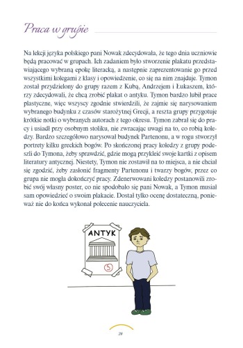 Wnętrze książki Kłopoty Tymona – przykładowe historyjki społeczne i pytania edukacyjne dla dzieci