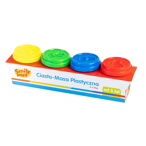 Zestaw czterech kolorów ciasto-masy plastycznej SMILY PLAY w pojemnikach 56 g każdy, widok z góry