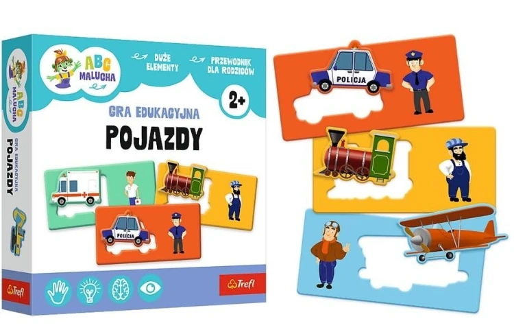 Edukacyjna gra ABC Malucha. Pojazdy Trefl PAP – plansza z kolorowymi ilustracjami środków transportu