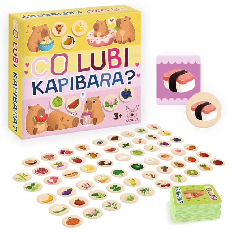 Gra edukacyjna Co lubi Kapibara? od KANGUR - kolorowe żetony i karty