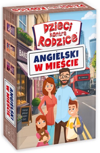 Plansza i karty quizowe z gry Dzieci kontra Rodzice. Angielski w mieście wydawnictwa KANGUR