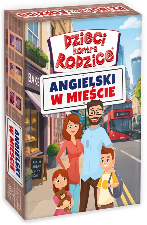Plansza i karty quizowe z gry Dzieci kontra Rodzice. Angielski w mieście wydawnictwa KANGUR