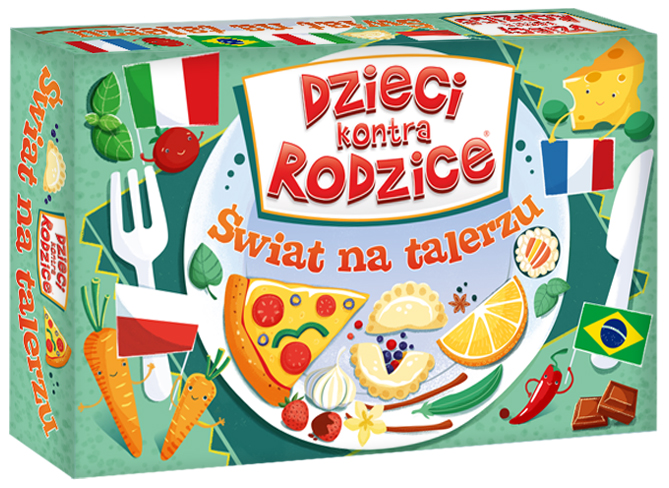 Quiz rodzinny Dzieci kontra Rodzice Świat na talerzu - gra edukacyjna marki KANGUR z pytaniami o kuchnie świata