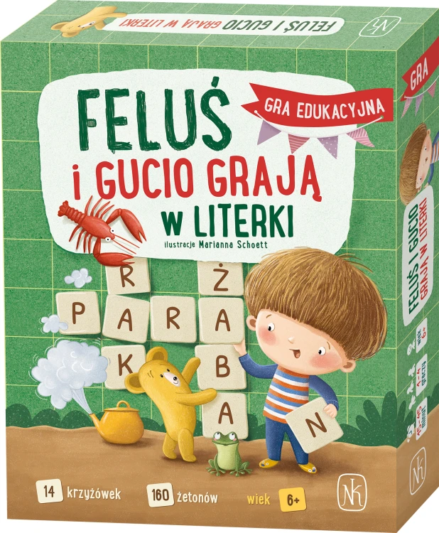 Edukacyjna gra słowna Feluś i Gucio grają w literki od NASZA KSIĘGARNIA z planszą i zestawem płytek do nauki liter