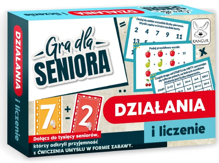 Matematyczna gra dla seniora Kangur Działania i Liczenie z kartami i kośćmi do ćwiczeń umysłowych