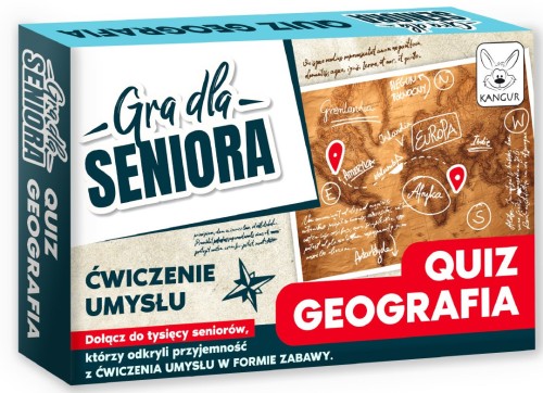 Gra dla Seniora Quiz Geografia KANGUR – okładka pudełka z pytaniami o Polskę i świat
