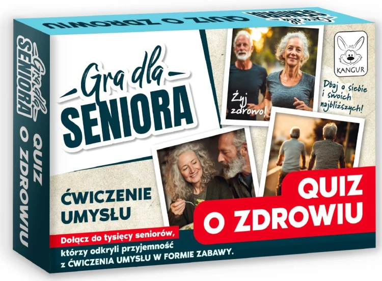 Quiz o Zdrowiu dla Seniora KANGUR – pudełko gry edukacyjnej z pytaniami o profilaktykę