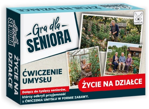 Gra dla Seniora Życie na działce KANGUR – pudełko z quizem pamięciowym o ogrodzie i działkowaniu