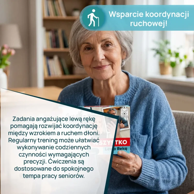 Plansza z zadaniami do wykonania lewą ręką w edukacyjnej grze dla seniorów Kangur