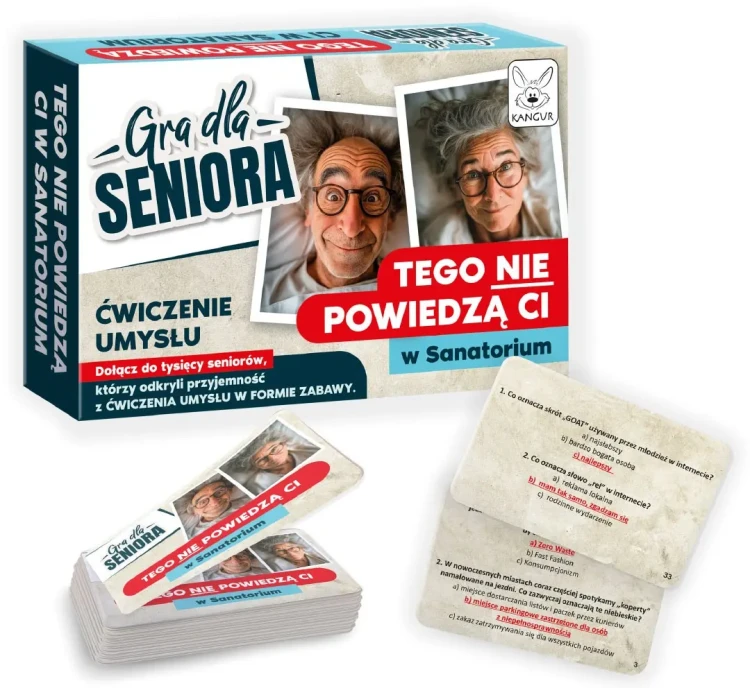 Pudełko i elementy gry edukacyjnej Kangur Tego nie powiedzą Ci w sanatorium na jasnym tle