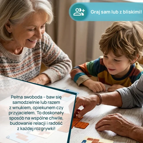 Elementy gry Sprytny Ruch dla seniorów - zestaw kafelków i plansza do układania wzorów