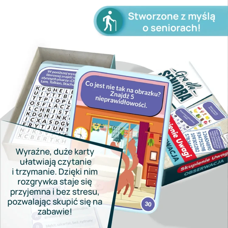 Ilustracje i zadania do ćwiczeń koncentracji w grze dla seniorów KANGUR