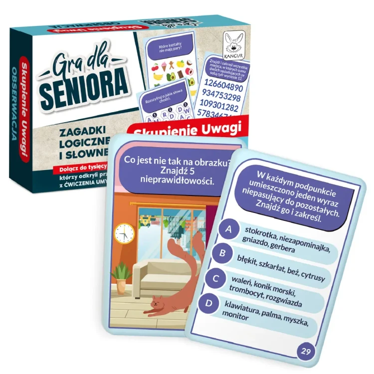 Karty z dużymi elementami i czytelną grafiką, gra dla seniorów KANGUR