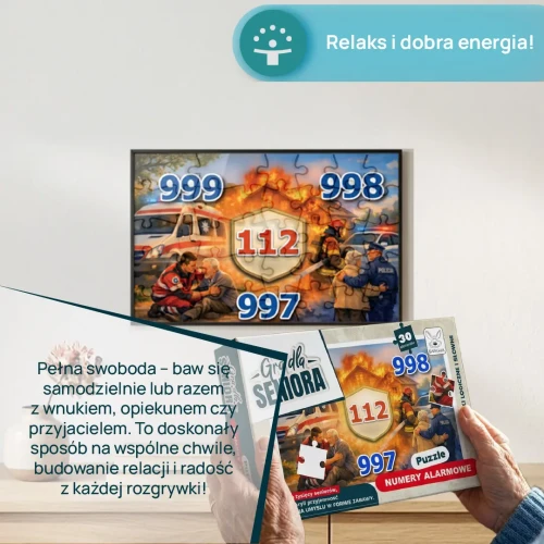 Zbliżenie na elementy puzzli Kangur z numerami alarmowymi – edukacyjna układanka dla seniorów