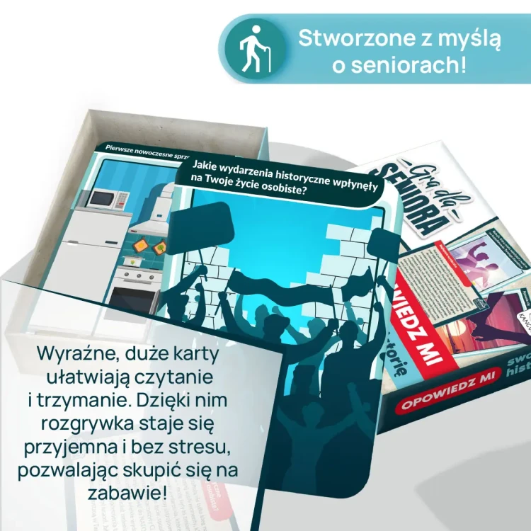 Widok kart gry Kangur Opowiedz mi swoją historię z ilustracjami wspomnień dla seniorów
