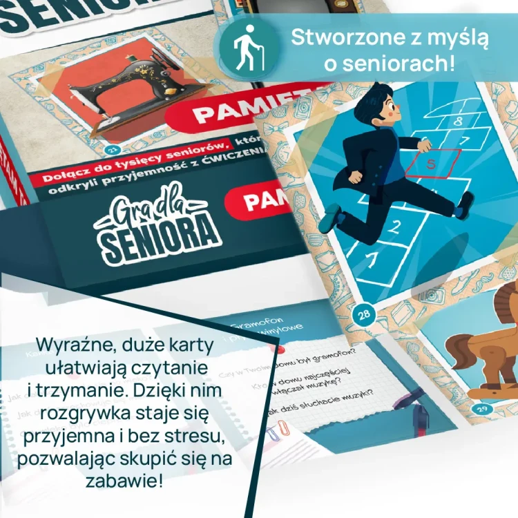 Widok kart z dużymi ilustracjami w grze Kangur Pamiętam To dla seniorów
