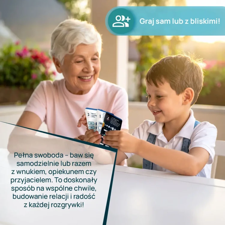 Widok kart z zadaniami logicznymi dla seniorów w grze KANGUR – detal ilustracji i tekstu