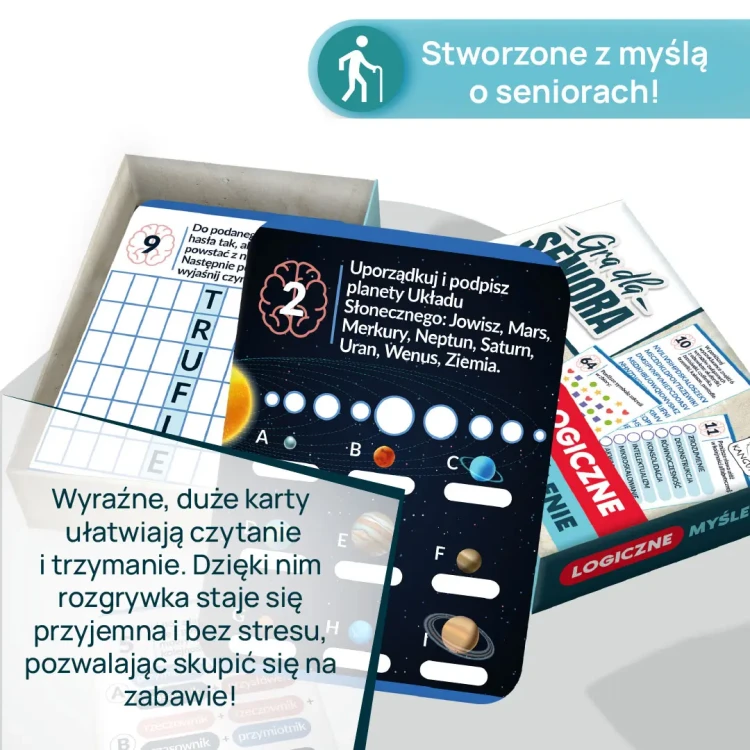 Przykładowa karta z gry dla seniorów KANGUR Logiczne Myślenie z ilustracją i zadaniem