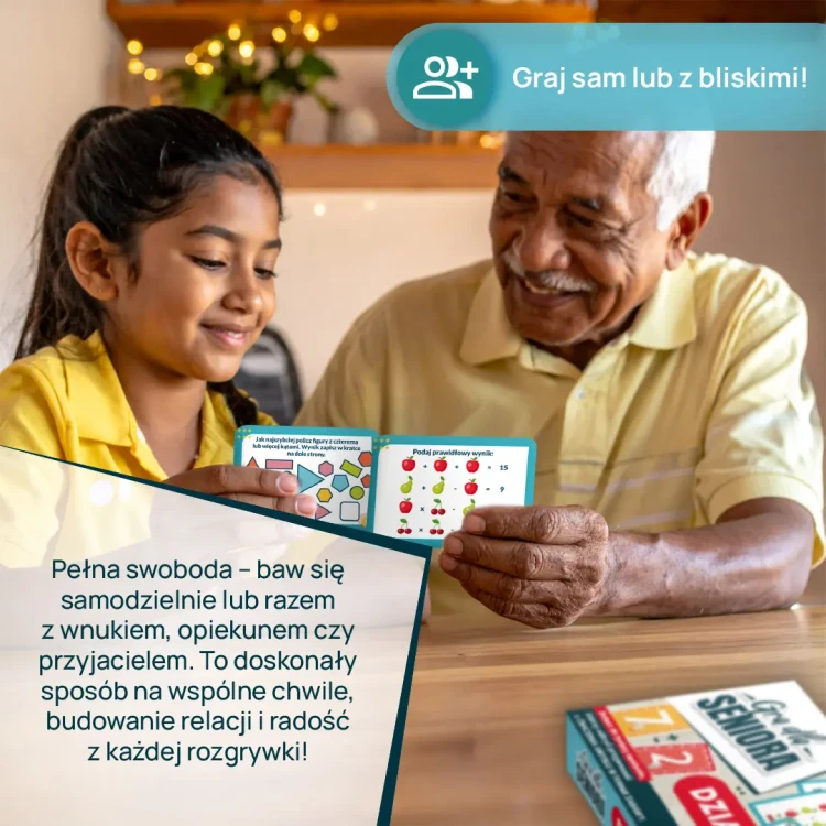 Karty z działaniami i kości do gry Kangur wspierające logiczne myślenie i koncentrację seniorów
