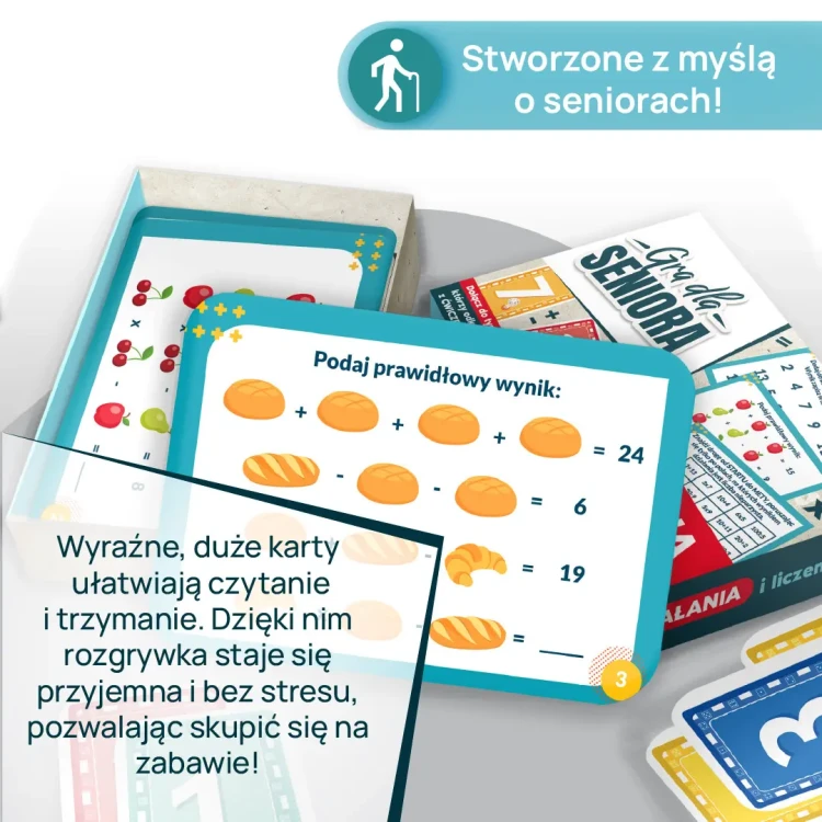 Widok kart z działaniami liczbowymi zestawu Kangur Działania i Liczenie dla seniorów