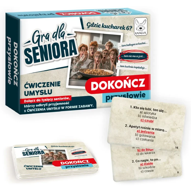 Plansza i karty gry pamięciowej Kangur Dokończ przysłowie – integracja seniorów