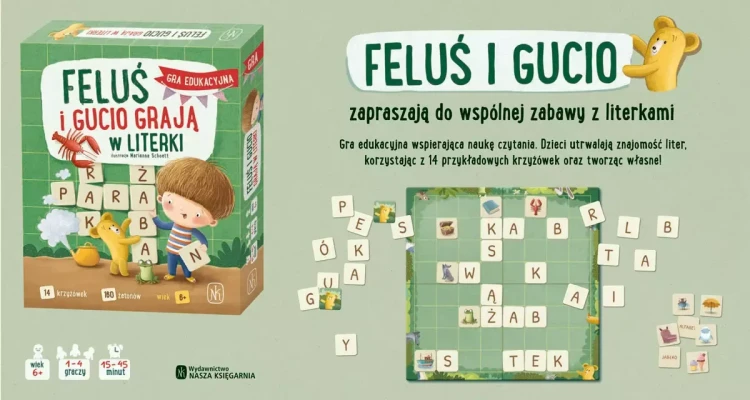 Dwustronne płytki z hasłami i ilustracjami do gry Feluś i Gucio grają w literki od NASZA KSIĘGARNIA