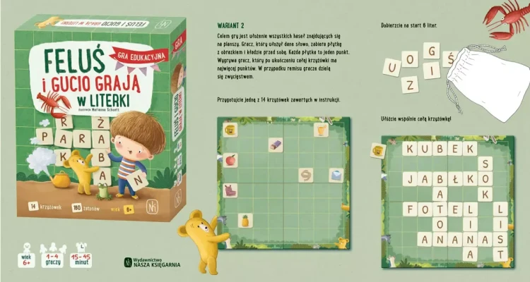 Elementy gry edukacyjnej Feluś i Gucio grają w literki – zestaw do nauki liter i tworzenia krzyżówek