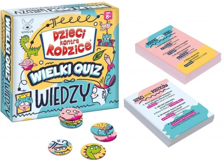 Zestaw kart i żetonów gry Dzieci kontra Rodzice Wielki Quiz Wiedzy KANGUR na stole