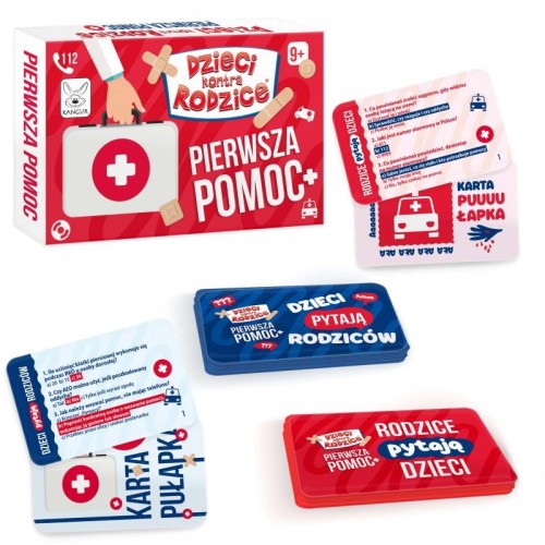 Widok kart quizu Dzieci kontra Rodzice Pierwsza Pomoc z pytaniami o bezpieczeństwie i pierwszej pomocy