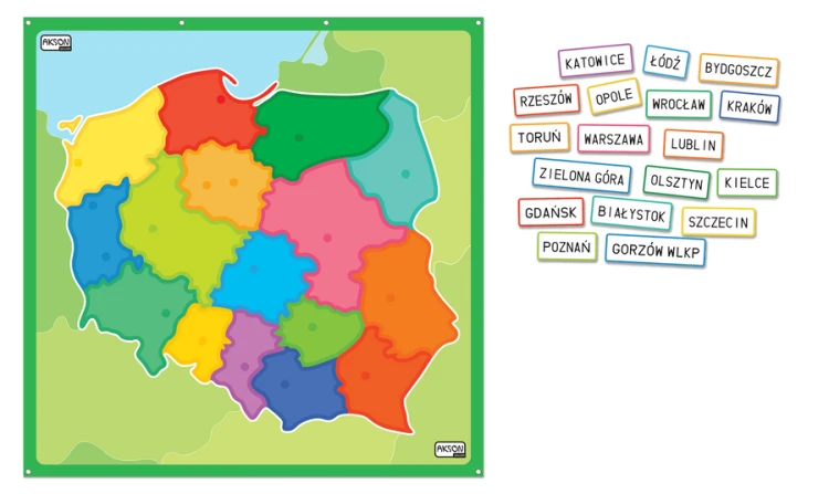Edukacyjne rzepy z nazwami miast Akson - mocowanie na mapie Polski podczas zajęć
