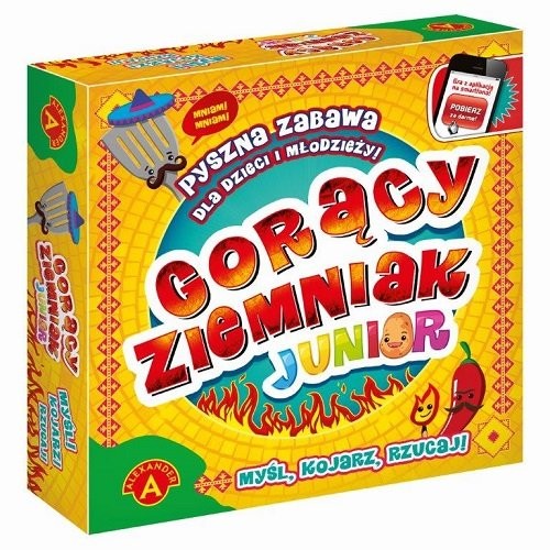 Widok planszy i elementów gry Gorący Ziemniak Junior, w tym bączek i karty pytań