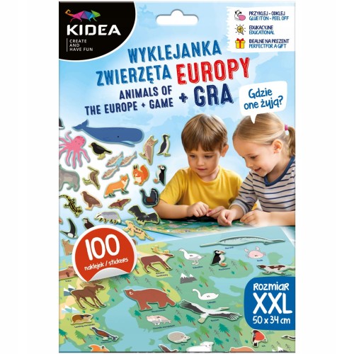 Edukacyjna wyklejanka Zwierzęta Europy DERFORM z mapą kontynentu i naklejkami
