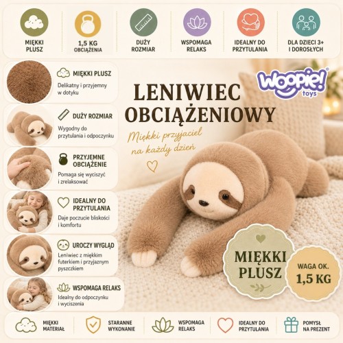 Ciężkomiś Woopie pokazany w pozycji leżącej, obrazujący rozmiar 65 cm i rozmieszczenie obciążenia 1500 g