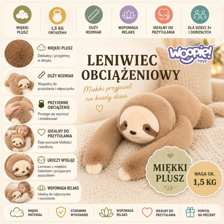 Ciężkomiś Woopie pokazany w pozycji leżącej, obrazujący rozmiar 65 cm i rozmieszczenie obciążenia 1500 g