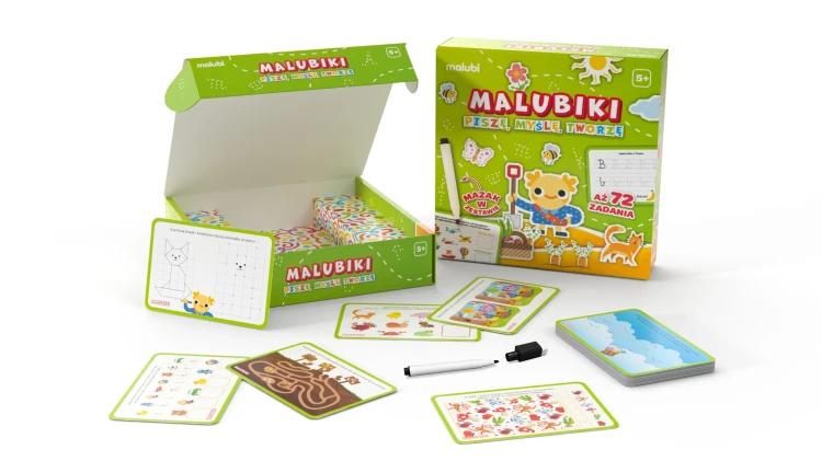 Zestaw edukacyjny Malubiki 5+ od Malubi z 72 zadaniami rozwijającymi pisanie i logiczne myślenie u dzieci