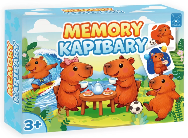 Zbliżenie na karty gry Memory Kapibary z wizerunkami zwierząt KANGUR