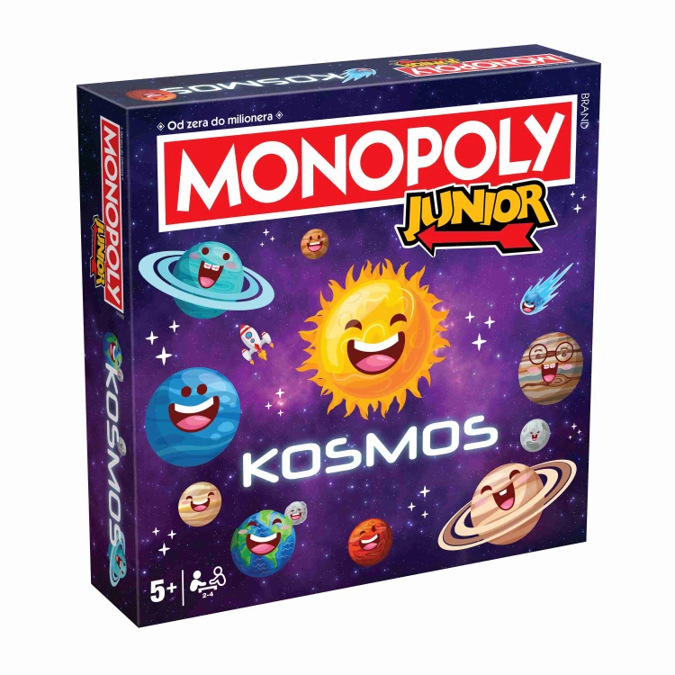 Zbliżenie na planszę i pionki gry Monopoly Junior Kosmos z motywem kosmicznym