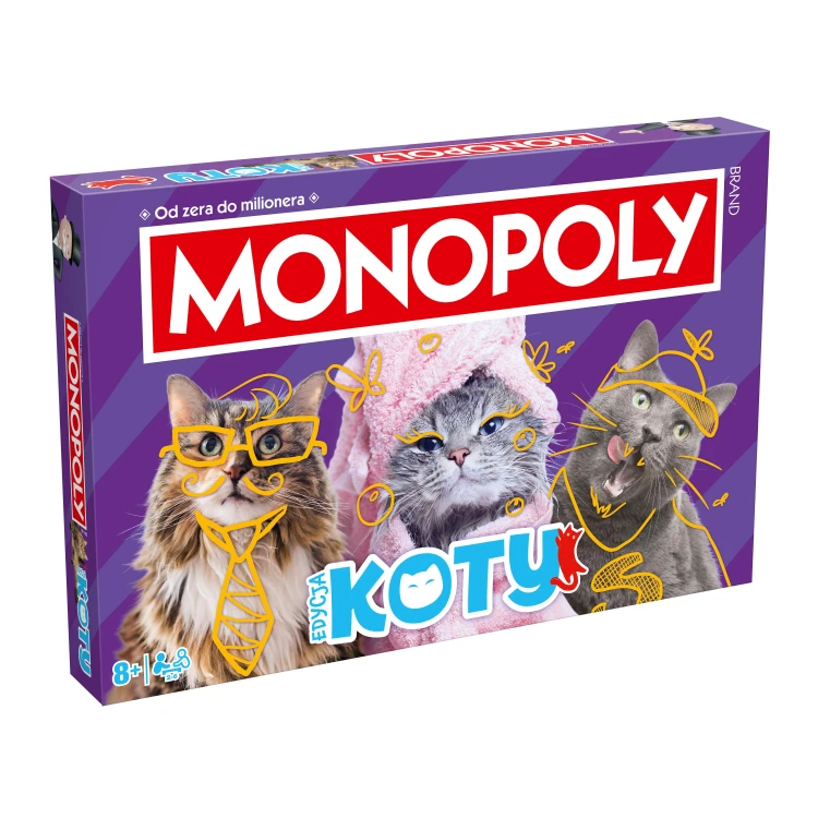 Widok na rozłożoną planszę Monopoly Koty z kartami i elementami gry