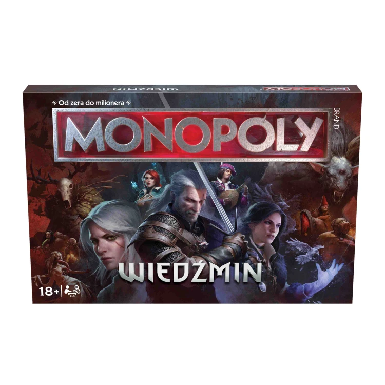 Widok elementów gry Monopoly Wiedźmin, w tym karty i pionki kolekcjonerskie