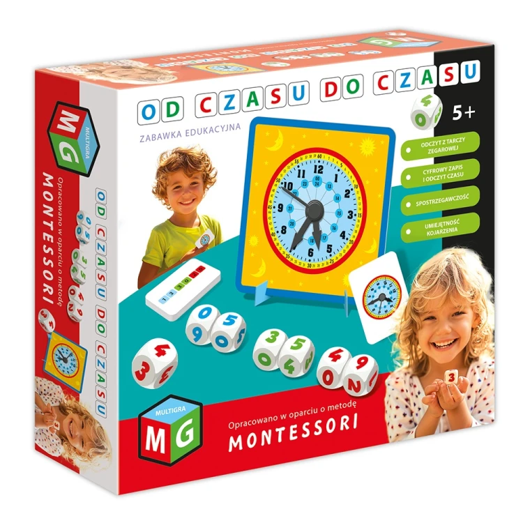 Zegar edukacyjny Montessori Od Czasu do Czasu MULTIGRA z widokiem na planszę i kolorowe kostki