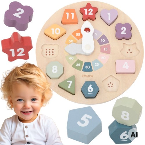 Drewniany zegar sorter kształtów Viga Toys w pastelowych barwach z ruchomymi wskazówkami