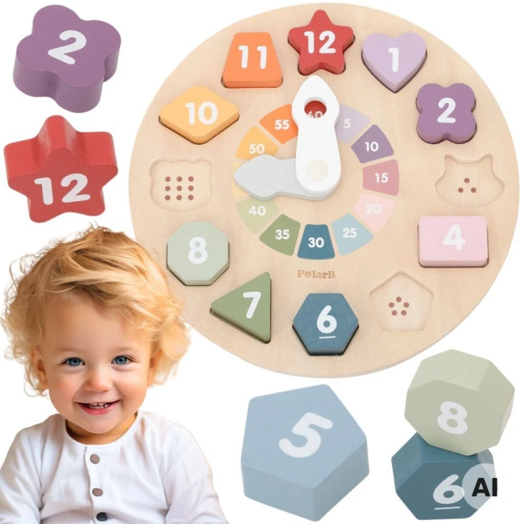 Drewniany zegar sorter kształtów Viga Toys w pastelowych barwach z ruchomymi wskazówkami