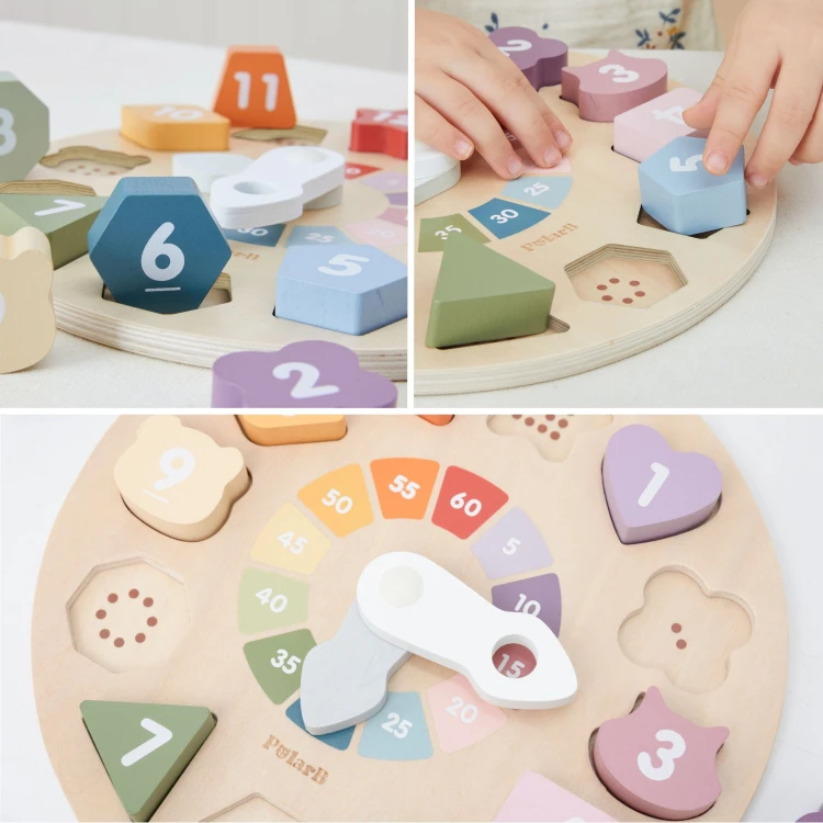 Drewniany zegar edukacyjny Viga Toys z perforowaną wskazówką minutową