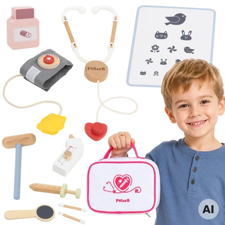 Kolorowy zestaw lekarski Viga Toys w walizce, komplet 10 elementów do zabawy w lekarza dla dzieci od 3 lat