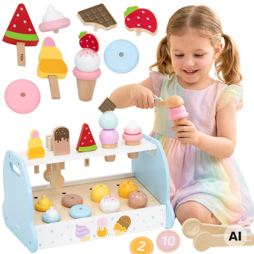 Drewniana lodziarnia VIGA Toys w pastelowych kolorach z akcesoriami do zabawy w sklep