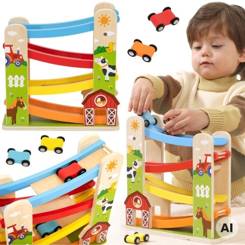 Drewniany tor wyścigowy z motywem farmy Viga Toys z dwoma kolorowymi samochodzikami