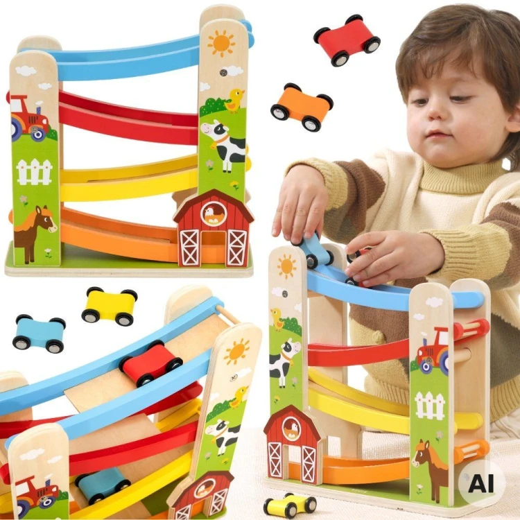 Drewniany tor wyścigowy z motywem farmy Viga Toys z dwoma kolorowymi samochodzikami