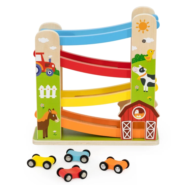 Widok toru zjazdowego Viga Toys z kolorowymi motywami farmy i zwierzątek